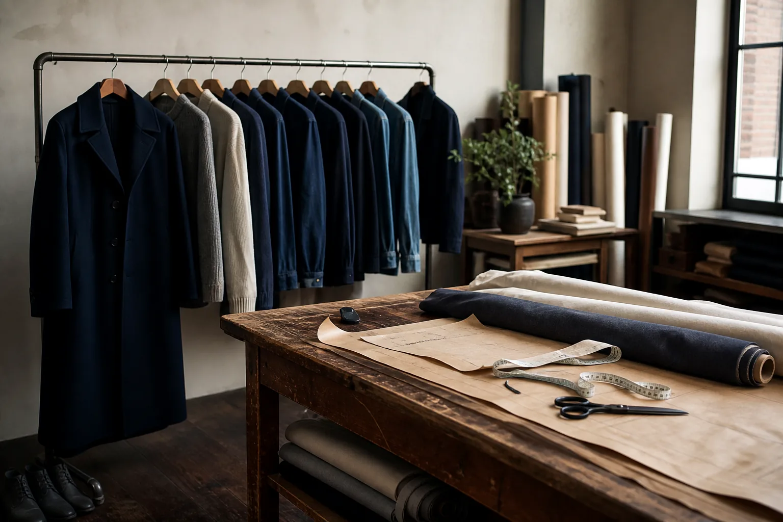Apparel design studio with garments, pattern paper and fabric on the cutting table
